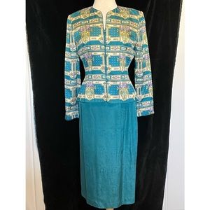 ADRIANNA PAPELL TEAL SILK SKIRT AND JACKET SET SIZE 8